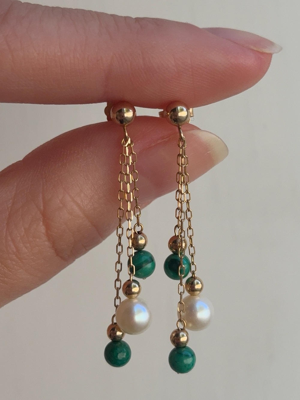 14k Yellow Gold Beaded Pearl & Malachite Gemstone Dangle Earrings